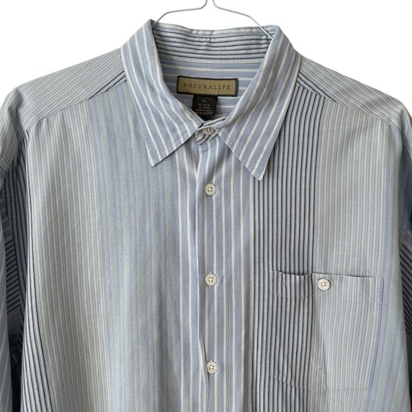 Naturalife Mens XL Blue & White Striped 100% Cotton Button-Up Long-Sleeve Shirt - Picture 3 of 5